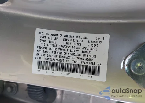 2016 Honda Accord Ex-L from USA, damaged, VIN 1HGCR2F92GA207113